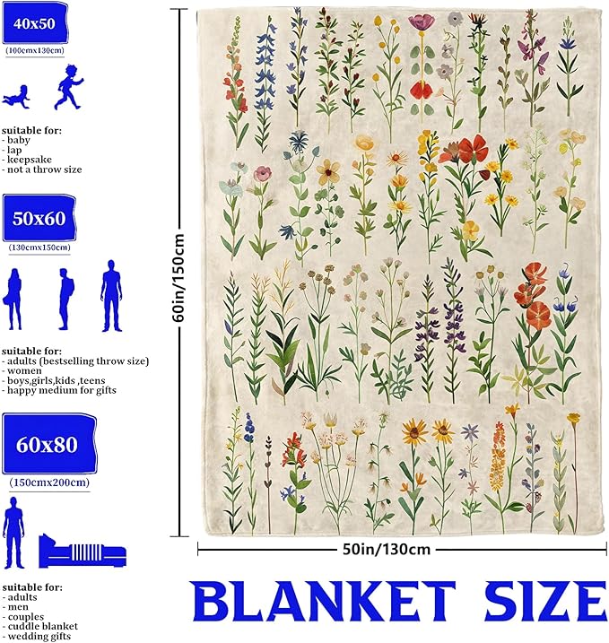 Wildflower Botanical Throw Blanket for Boys Girls Kids Adults Women, Fuzzy Warm Soft Cozy Flannel Blankets Gifts for Bedroom, Couch, Travel, Home Decor 40x50 in