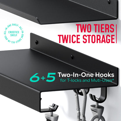 Crostice 2-Tier Metal Shelf Compatible with Tonal Accessories, Floating Shelf Organizer for Home Gym Storage, T-Locks Adapter Bracket Hanger, Gym Rack Wall Mounted with Hooks, Workout Storage Holder