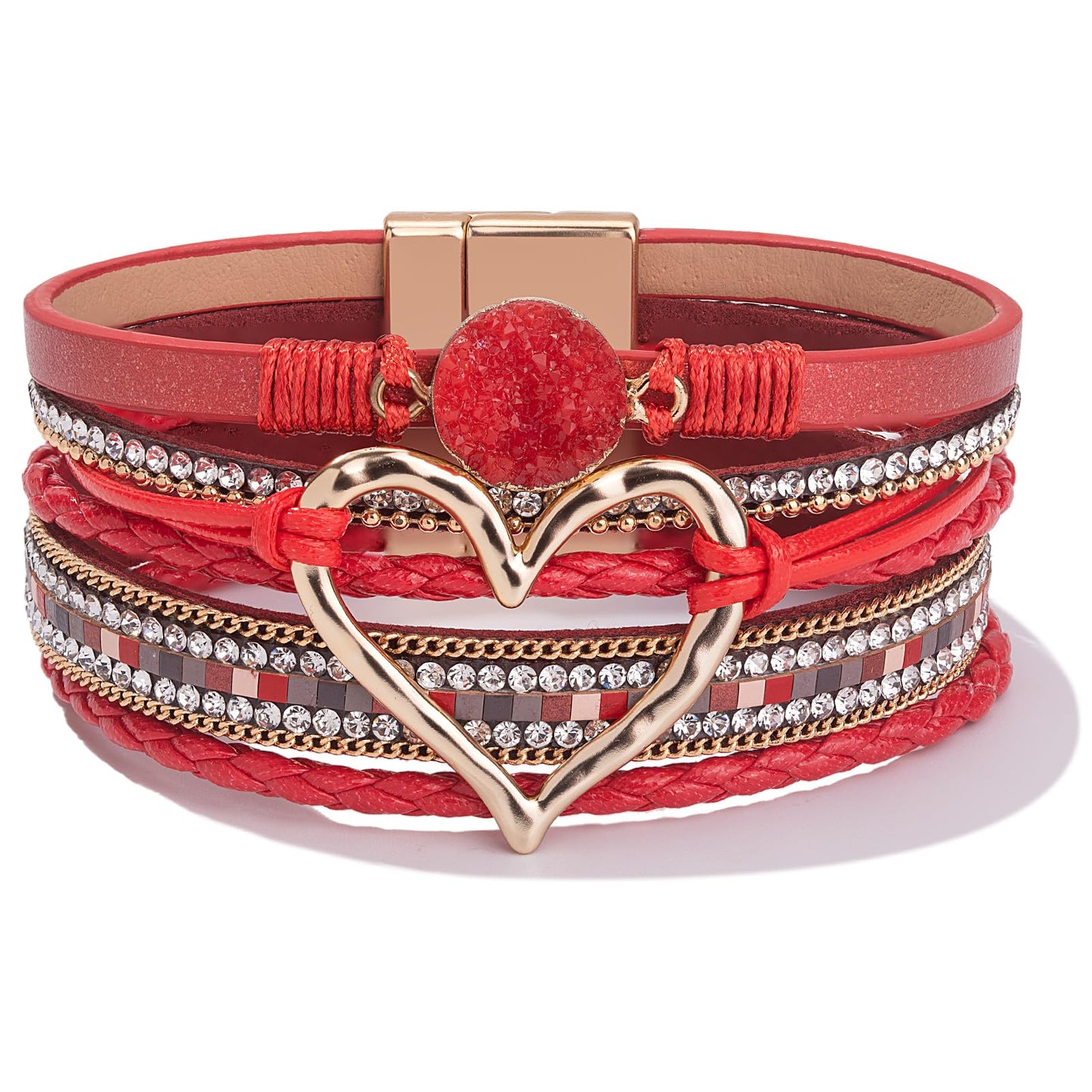 FANCY SHINY Heart Leather Wrap Bracelets Stackable Boho Cuff Bangles Trendy Resin Stone Rhinestone Bracelets with Magnetic Clasp for Women Gifts Jewelry(Red)