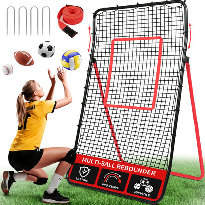 BAGAIL Volleyball Rebounder Net 7x4 Ft, Bounce Back Training Equipment with Unique Curved Frame for Better Catching, 5 Adjustable Angles for Volleying & Spiking, Easy Set Up & Sturdy Base - Red