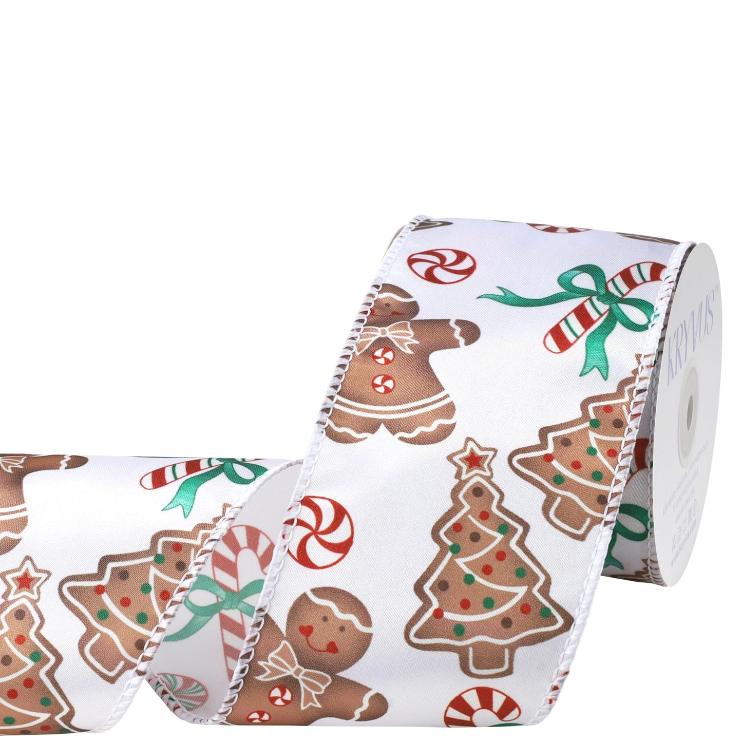 Kryvus Christmas Wired Ribbon, 2.5 Inch X 10 Yards Gingerbread Candy Canvas Satin Ribbon with Wired Edge, Perfect for Home Wreath DIY Craft Decoration Supplies Gift Wrapping