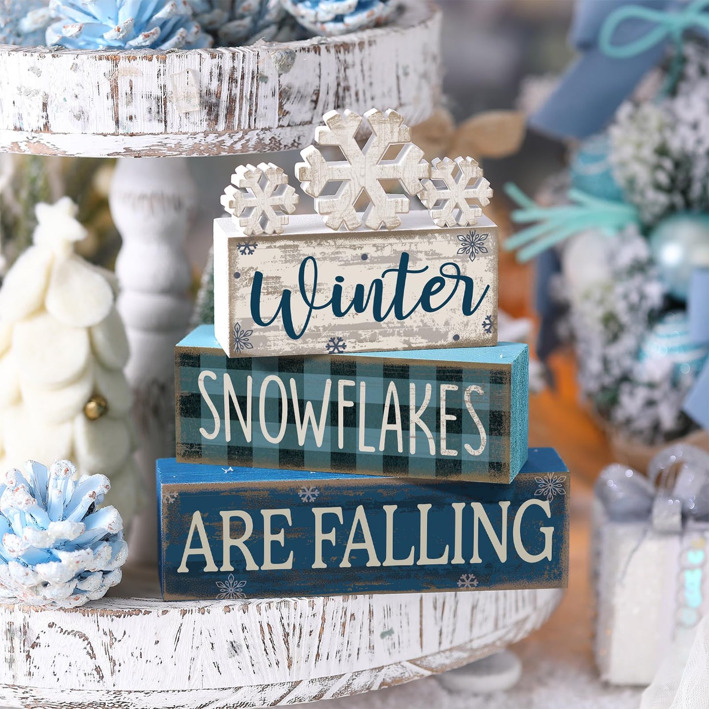 Yuntau 6 Pcs Winter Snowflakes Table Decorations Christmas Snowflake Centerpieces for Tables Winter Tiered Tray Decor Rustic Wood Snow Sign Farmhouse for Wonderland Party Kitchen Shelf Home