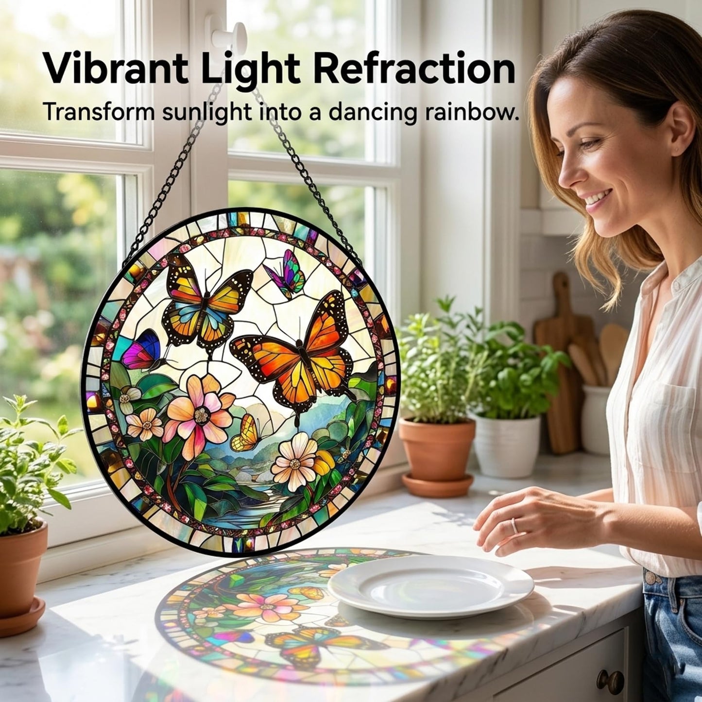Butterfly Gifts for Mom - Flower Landscape Faux Stained Glass Window Hanging Sun Catcher for Door Garden Acrylic Decor Mother's Day for Women Nana Grandma Sisters Wife Mother 7.8"