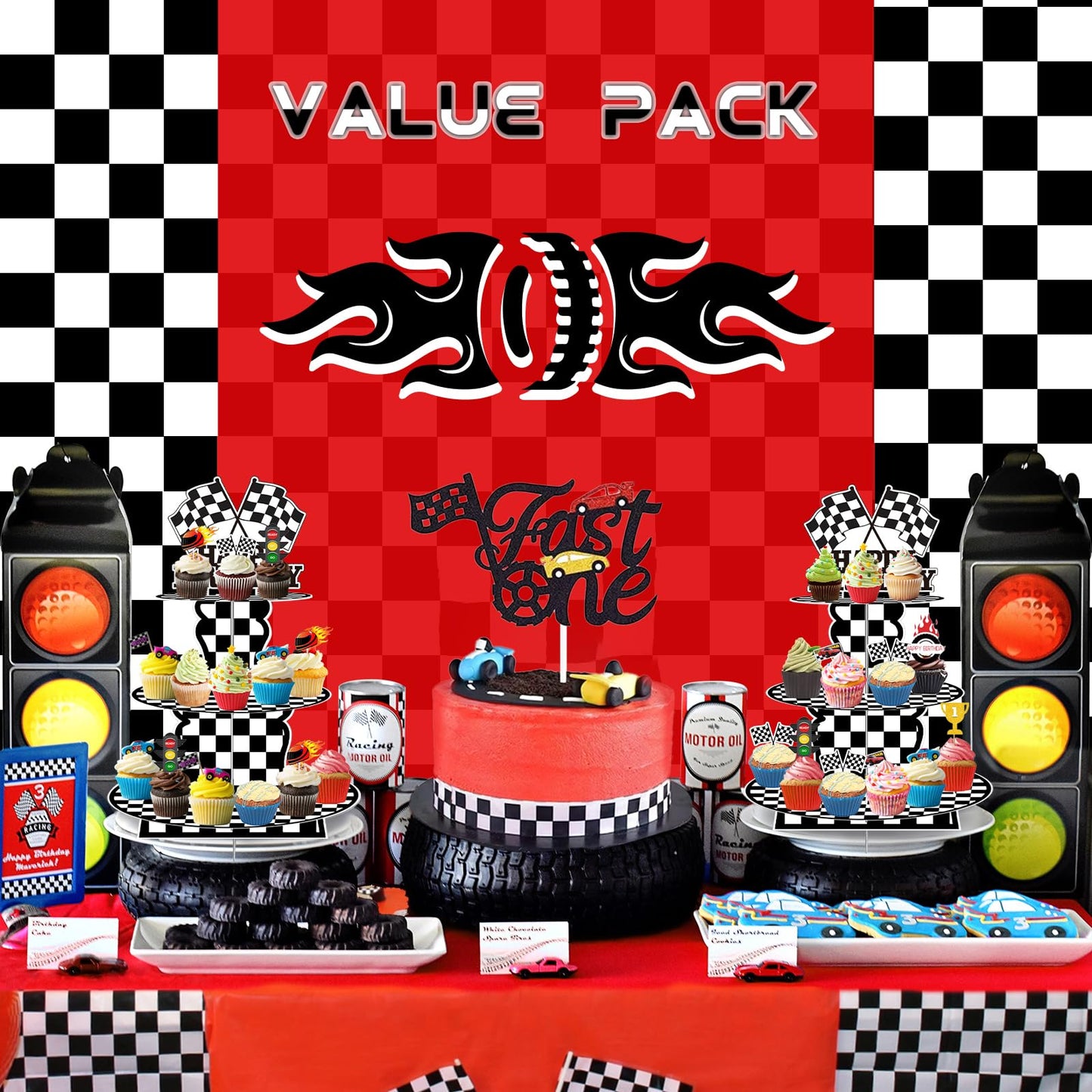 BACUTHY 2 Pack Race Car Cupcake Stands Birthday Party Supplies, Two Fast Cars Decorations Truck Theme Favors - 3 Tier Cardboard Cup Cake Holder Tower