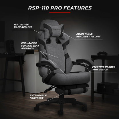 RESPAWN 110 Pro Gaming Chair - Gaming Chair with Footrest, Reclining Gaming Chair, Video Gaming Computer Desk Chair, Adjustable Desk Chair, Gaming Chairs for Adults with Headrest Pillow - Grey Fabric