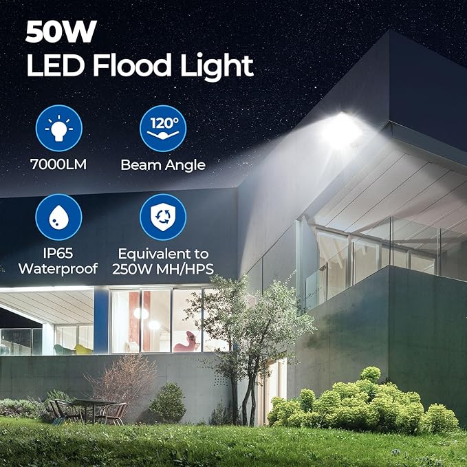 CINOTON 50W LED Flood Light Outdoor, 7000LM IP65 Waterproof Security Wall Pack Light Fixture with 180°Knuckle for Patio Porch Garage Garden Lanscape 5000K Daylight 100-277V 1 Pack