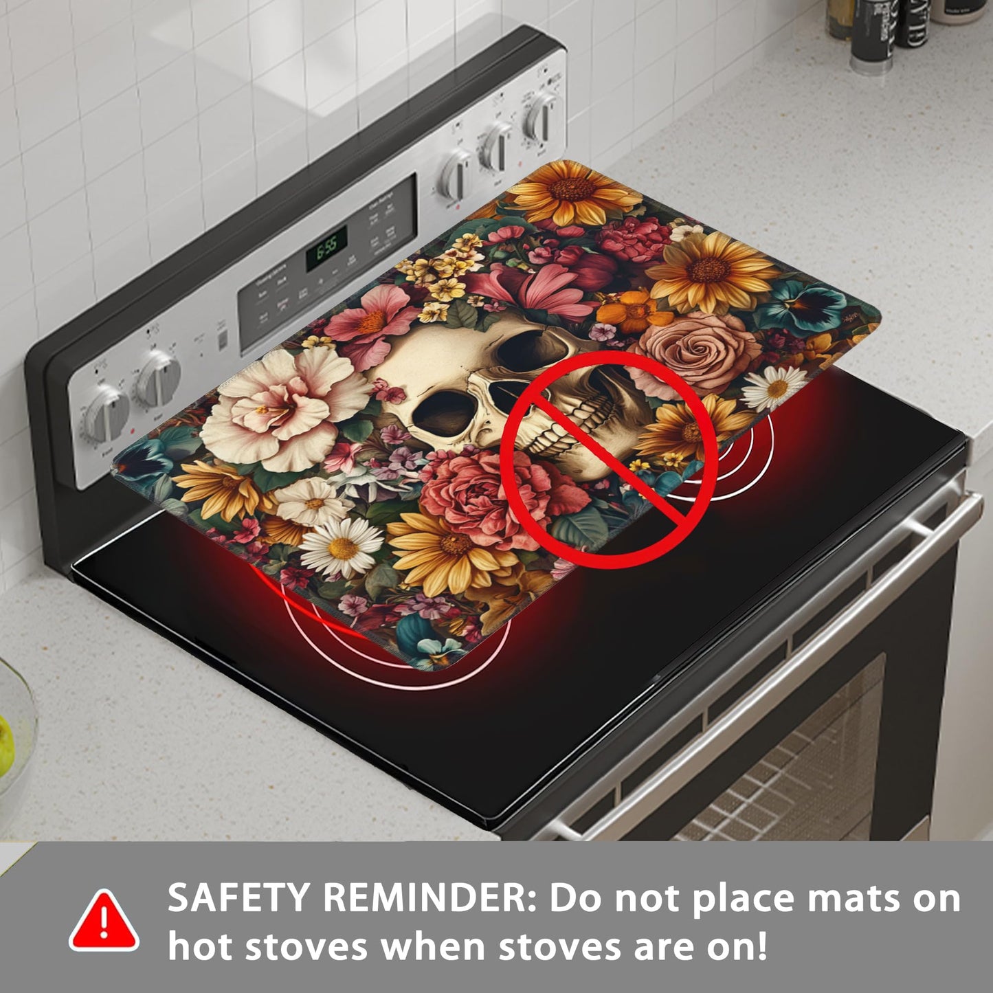 Decorative Electric Stove Cover - Gothic Skull Flower Design, Non-Slip Heat Resistant Protector for Smooth/Glass Top Stoves, Fits 28.5'' x 20.5'' (Not for Gas or Coil)