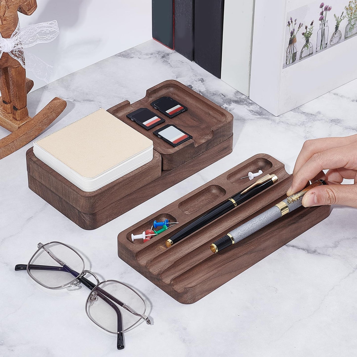 GLASSWINDS 4 Piece Wooden Desk Organizer Tray With Pen Holder, Walnut Wood Pencil Holder, Minimalist Desk Accessories, Mens Valet Tray Office Supplies, Stationery Pen Key Wallet Catchall Trays