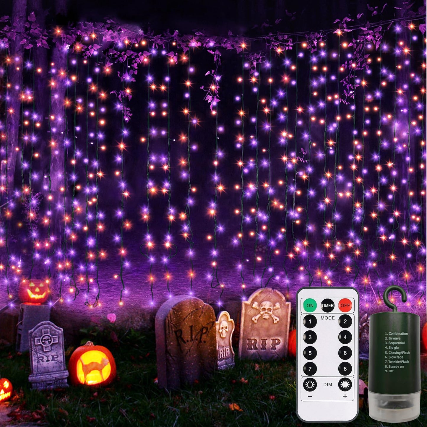 DealBeta Battery Curtain Lights Halloween Purple Orange with Remote 9.8×9.8ft