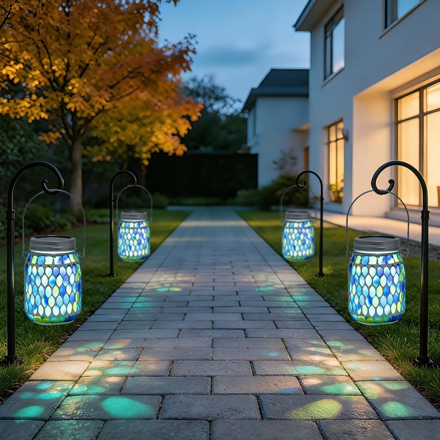 Rancco Blue Mosaic Solar Lantern Outdoor, Waterproof Hanging Solar Light, Glass Jar Style Mosaic Lamp for Garden Patio Decor, Solar-Powered Pathway Night Light, Unique Gifts for Women Mom Grandma