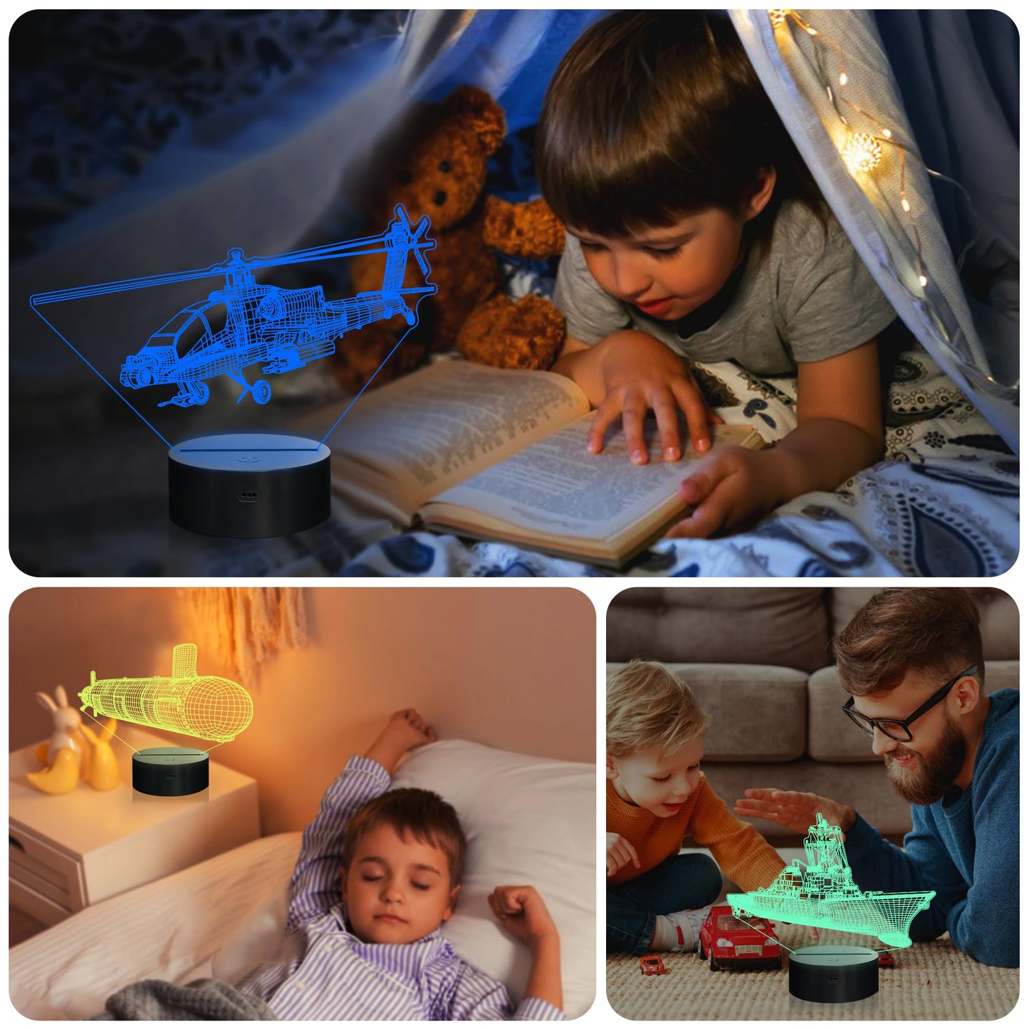 YuanDian Military Weapons 3D Lamp Kits,Navy Gguided Missile Destroyer, Submarine,Tank,Helicopter 3D Night Light for Kids (4 Patterns) with Remote Control & 16 Colors Light