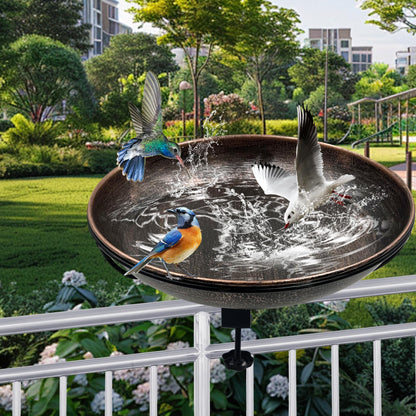 OUISJYER Deck Mounted Bird Bath, Easy to Clean12 Detachable Bath Bowl, Metal Birdbath for Outside with Sturdy Adjustable Clamp for Railing Balcony Fence Outdoor Decor 0.7 Gallon