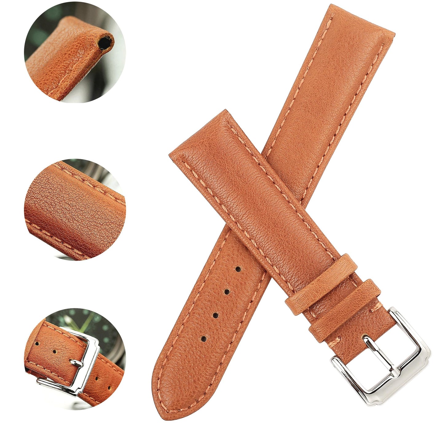Berfine 18mm 20mm 22mm Calf Leather Watch Band, Extra Soft Watch Strap for Men Women (18mm, Brown)