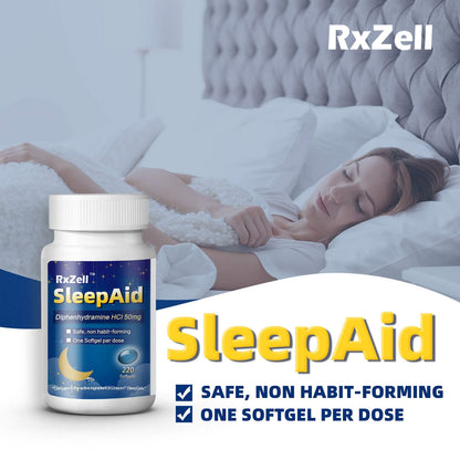 RXZELL Sleep Aid, Diphenhydramine 50mg, Easy-to-Swallow Softgels, Supports Deeper Restful Sleeping, Non Habit-Forming (220 Counts)