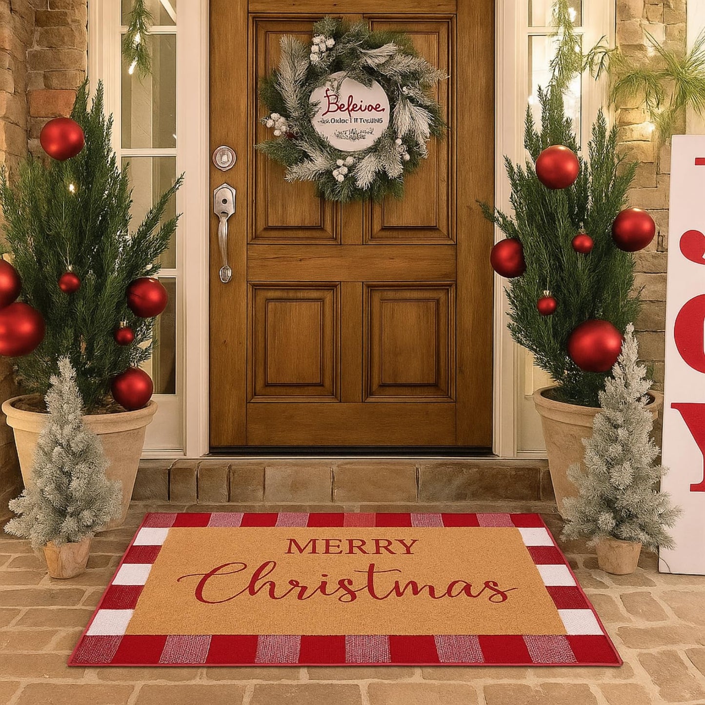 Duraaamo 2 Pcs Christmas Doormat Merry Christ Non Slip Outdoor Rug Xmas Welcome Layered Buffalo Floor Mats for Front Porch Entryway(Red White,Plaid)