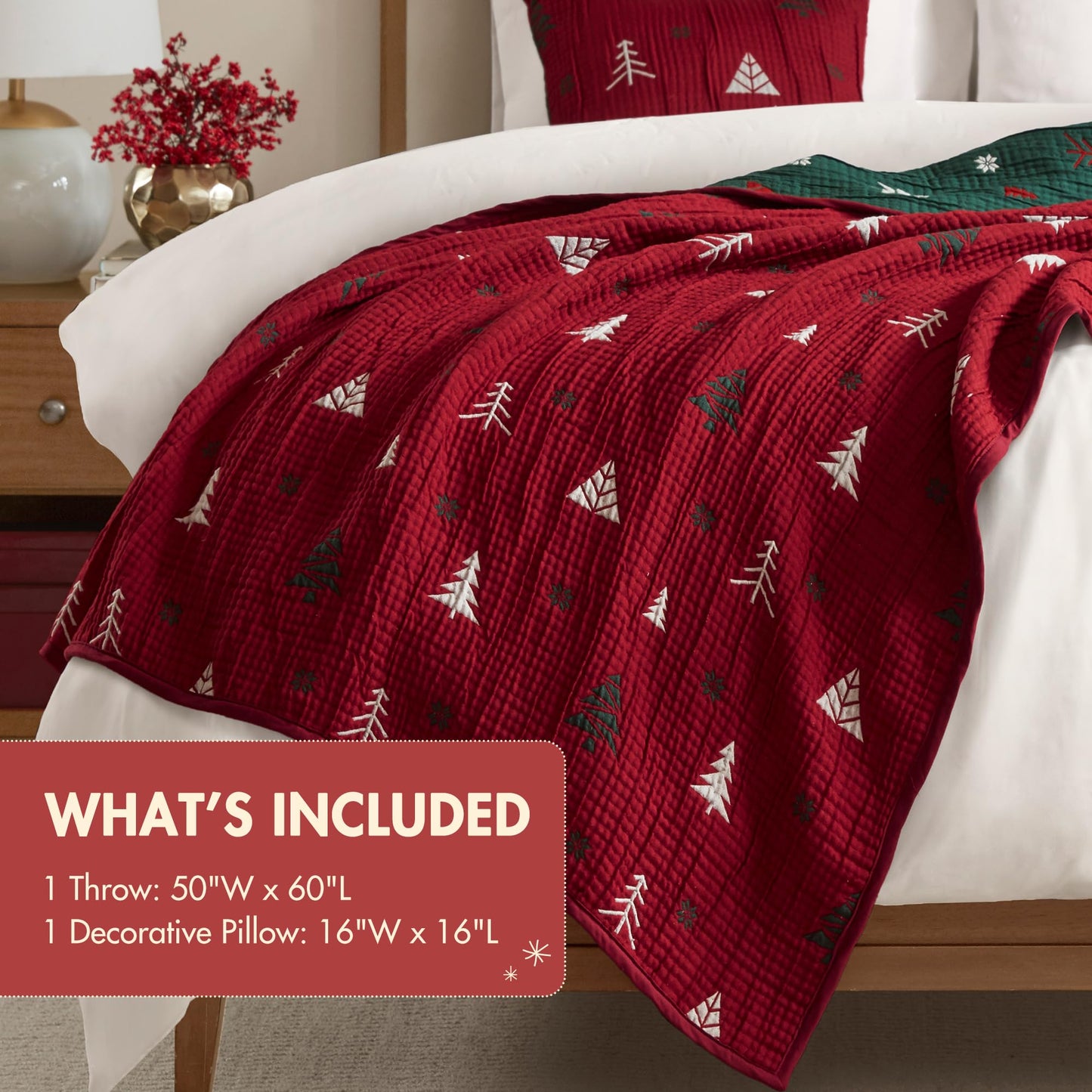 Madison Park Christmas Throw and Decorative Pillow Set, Festive Reversible Jacquard, All Seasonal Lightweight 2-Piece Bedding, 50" W x 70" L, Red/Green