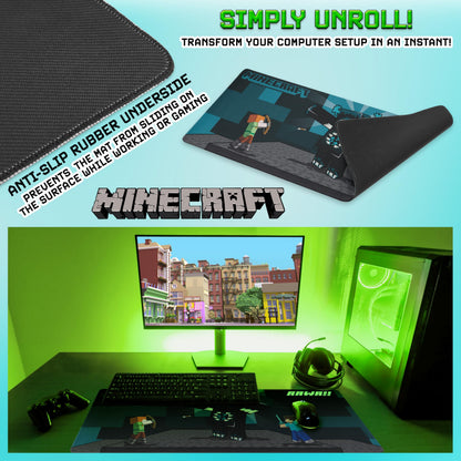 Minecraft Desk Pad for Kids and Teenagers, Non-Slip Desk Mouse Mat 80 x 35cm - Gamer Gifts (Blue)