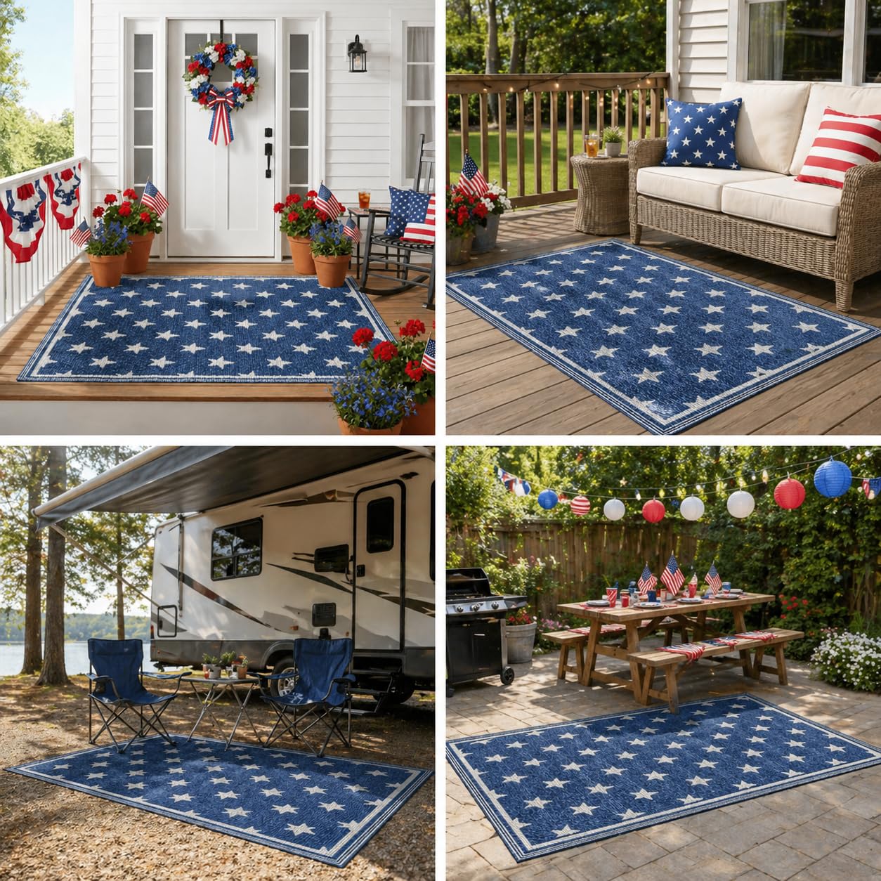 3x5ft Patriotic Outdoor Rug Waterproof Plastic Straw Patio Mat Reversible Red White and Blue Striped Area Rug for Camping RV Porch Deck Backyard 4th of July Independence Day Decorations(Star)