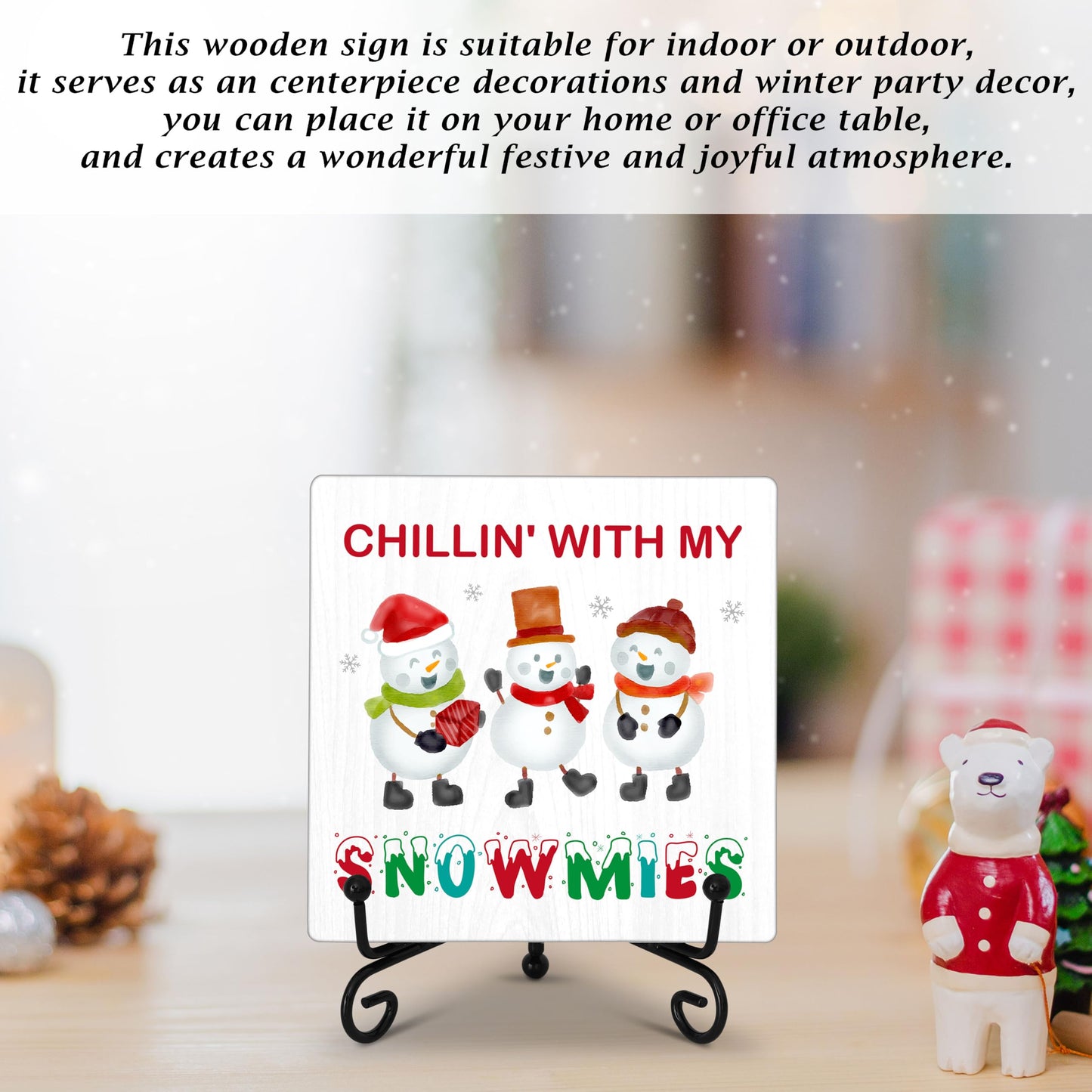 Cazhes Cute Snowmies Christmas Wooden Decor, Christmas Decorations for Home Bedroom, 5x5 Inches Xmas Snowman Snowflake Sign with Iron Stand, Birthday New Year Gifts-G11