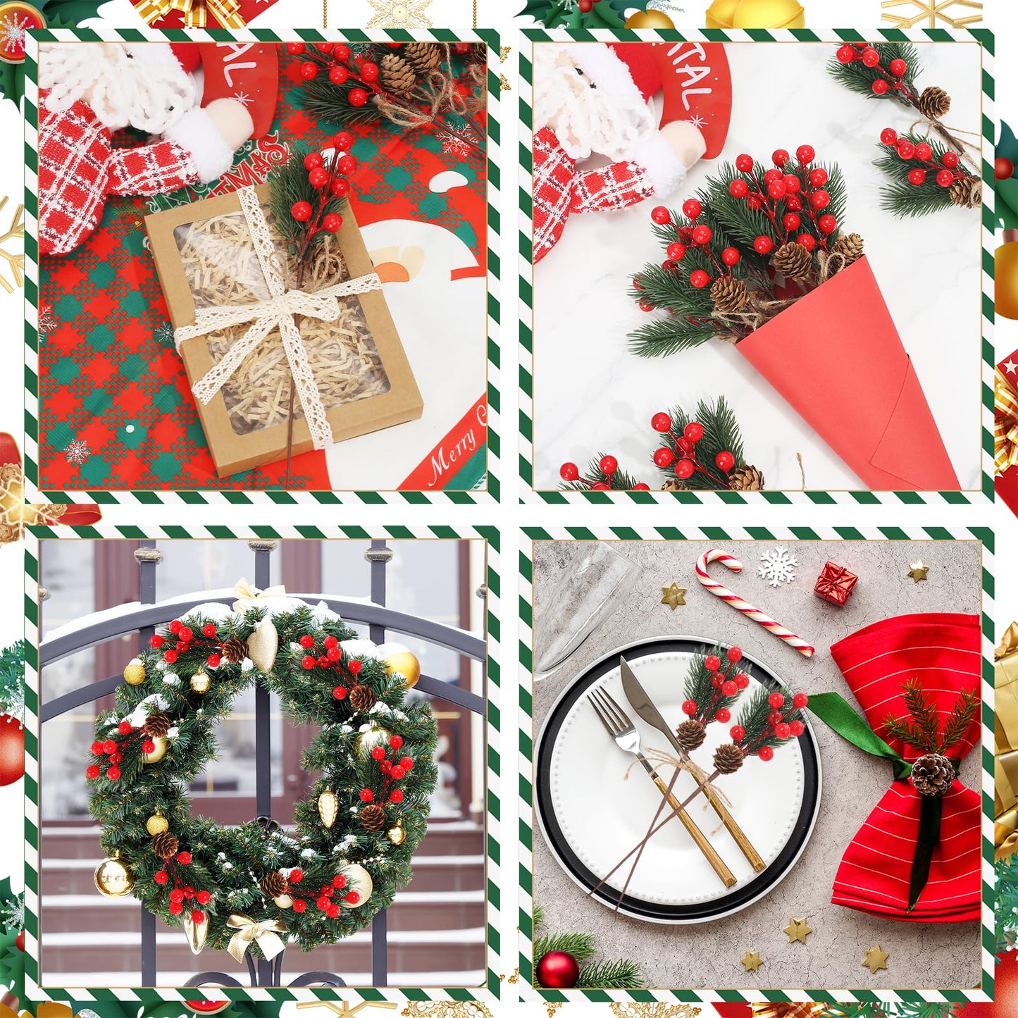 Ledoira 12Pcs 10’’ Christmas Pine Picks Artificial Needle Branches with Pinecones Red Berry Picks Fake Branches for Flower Arrangements Wreath Crafts Holiday Xmas Tree Decorations