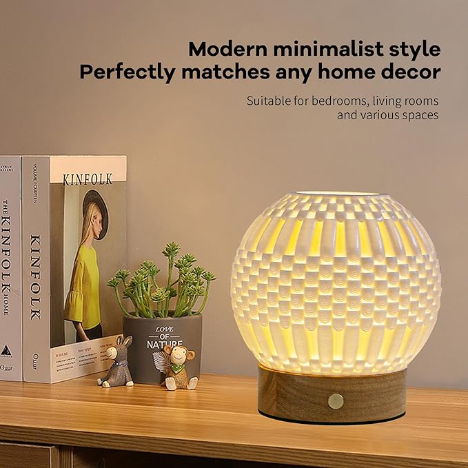 Touch Bedside Table Lamp - 3D Printed Modern Ceramic Lamp for Bedroom, Living Room, Nightstand, Desk, with Wooden Base, 3-Color Dimmable Modes, USB-C Powered (PSL25059)