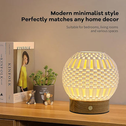 Touch Bedside Table Lamp - 3D Printed Modern Ceramic Lamp for Bedroom, Living Room, Nightstand, Desk, with Wooden Base, 3-Color Dimmable Modes, USB-C Powered (PSL25059)