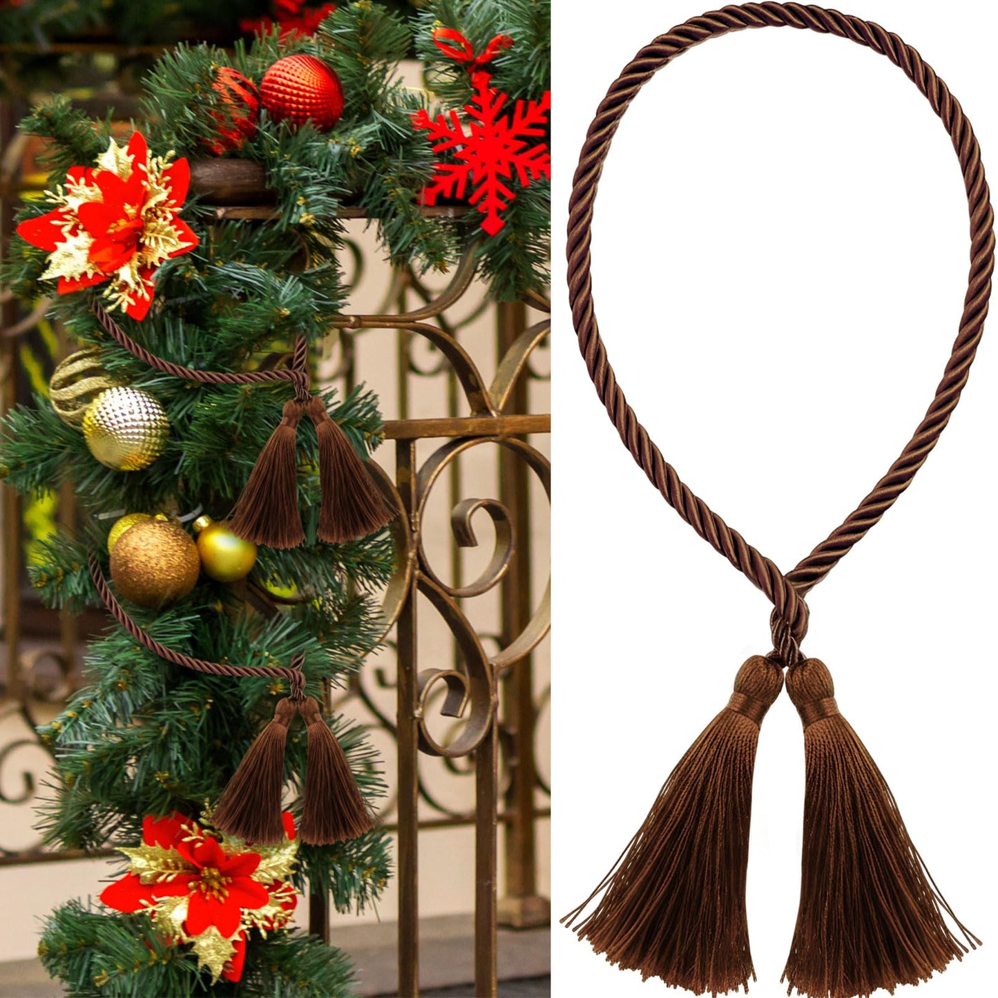 Zhengmy 15 Pcs 24 Inch Christmas Garland Ties with Tassels Decorative Twist Tie for Banister Reusable Flexible Twist Tie for Garland Fireplace Staircase Banister Home Xmas Holiday Decorations (Brown)