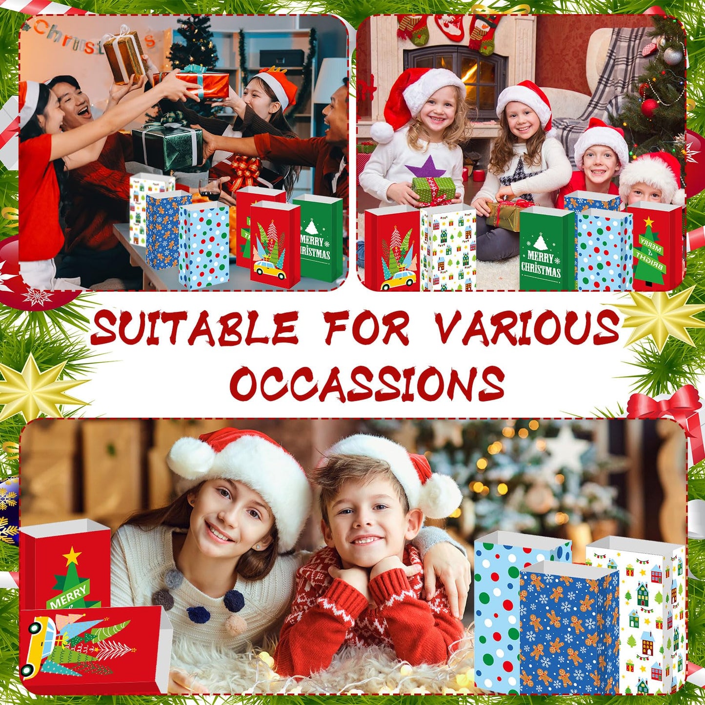Kolldenn 120 Pcs Christmas Gift Bags Bulk 6 Styles Christmas Treat Bags 9.5 x 5.1 x 3.15 Inch Paper Goodie Pouches for Gifts Candy Snacks Lunch Holiday Party Supplies(Cute)