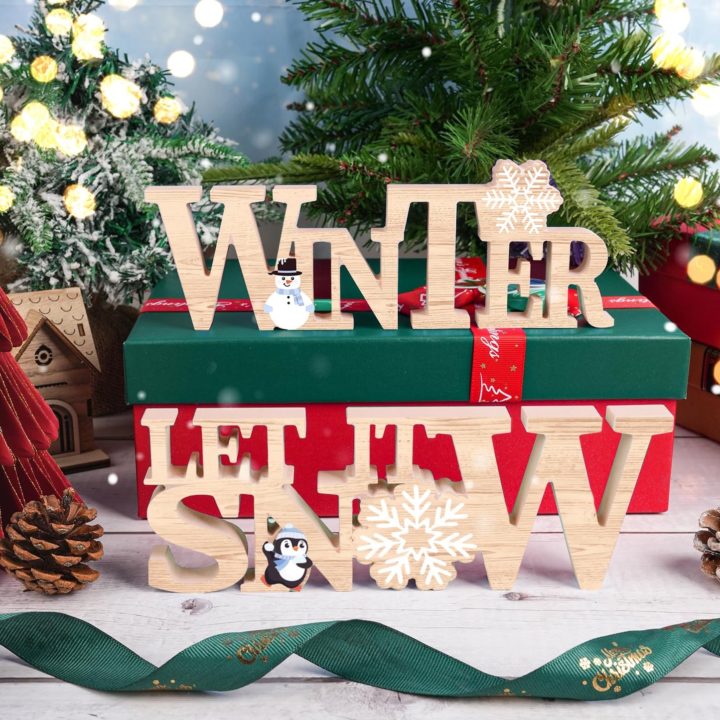 COCHIE Wooden Winter Let It Snow Sign, Snowflake Winter Decorations for Home, Office, Shelf, Mantel, Indoor, Blue White Wood Table Top Party Decor (Brown)