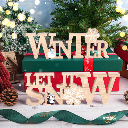 COCHIE Wooden Winter Let It Snow Sign, Snowflake Winter Decorations for Home, Office, Shelf, Mantel, Indoor, Blue White Wood Table Top Party Decor (Brown)