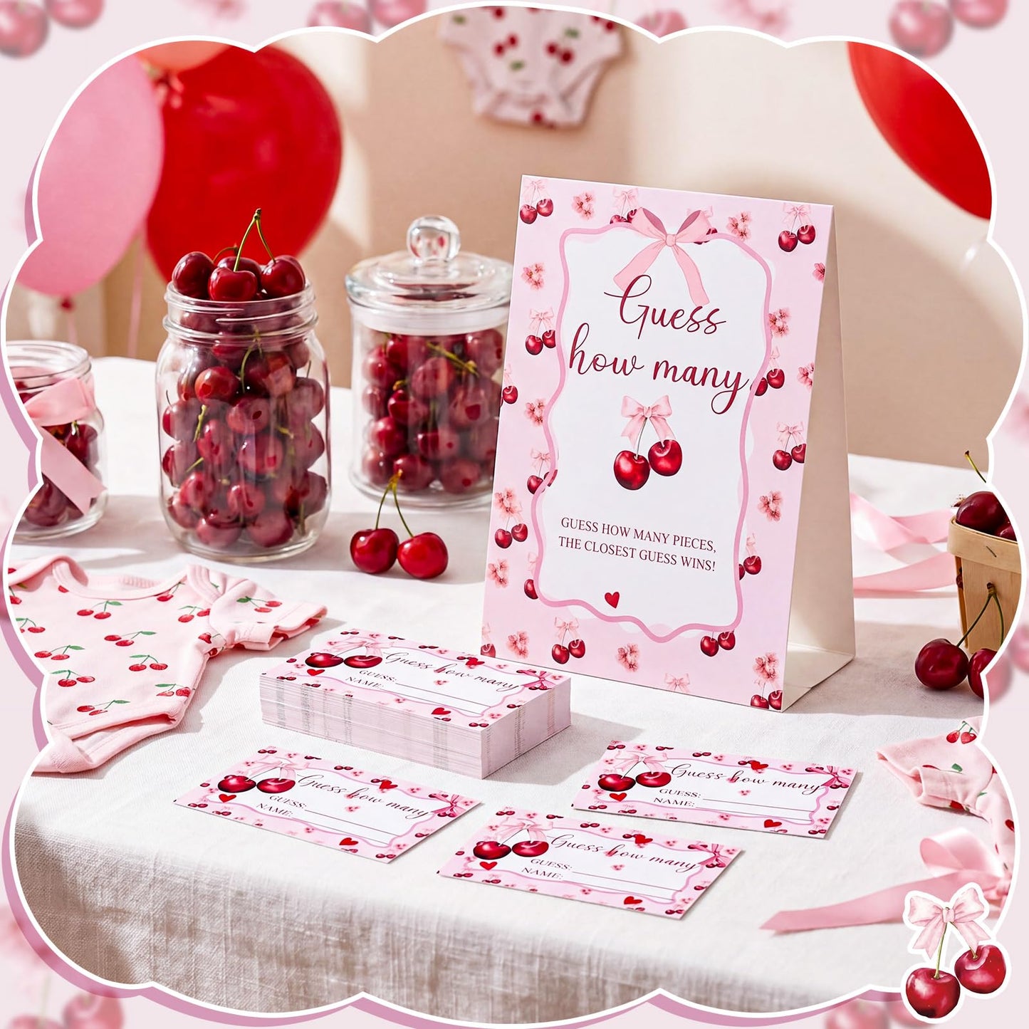 Lerheedi Cherry Bow Guess How Many Baby Shower Game Pack of 1 Tabletop Sign with Stand and 50 How Many Cards, Coquette Cherry Gender Reveal Party Game Decorations