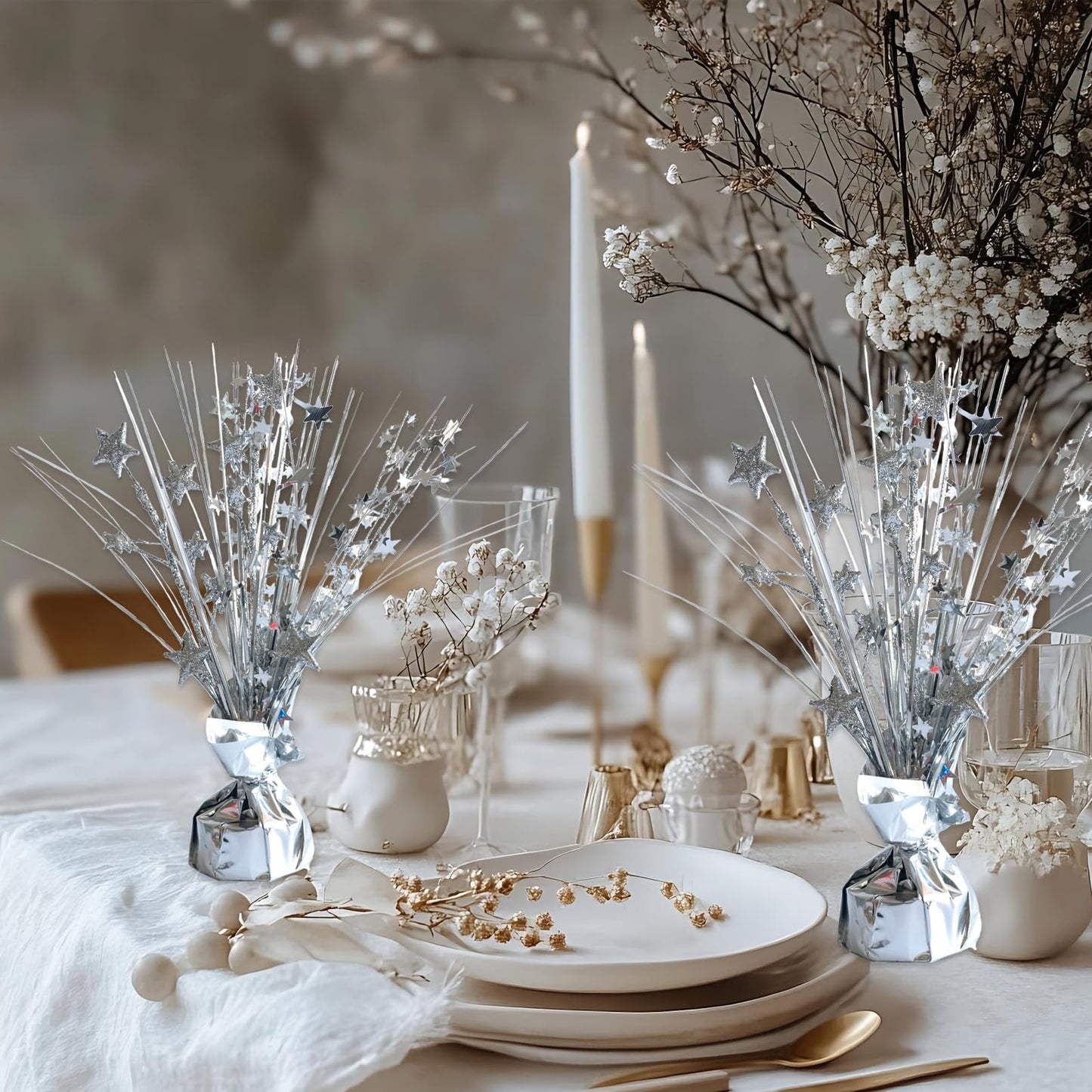 Egolot 12 Pack Metallic Sliver Foil Spray Centerpieces Stars Brust Table Centerpieces for Wedding Birthday Anniversary Holiday Party Decor, Metallic Star Balloon Wights for Party, Decor for Party