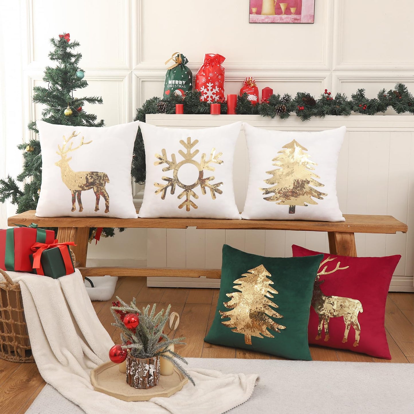 Tosleo Christmas Pillowcases 18 x 18 inch Set of 2 White Xmas Tree Sequins Throw Pillow Cover Christmas Pillow case Party Decorations Winter Holiday Cushion Cases