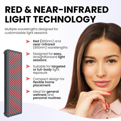 Hooga HG500 Red Light Panel with Near Infrared LED Light, 100 LEDs 660nm 850nm Dual Wavelength, Built-in Timer, Hanging Kit Included.