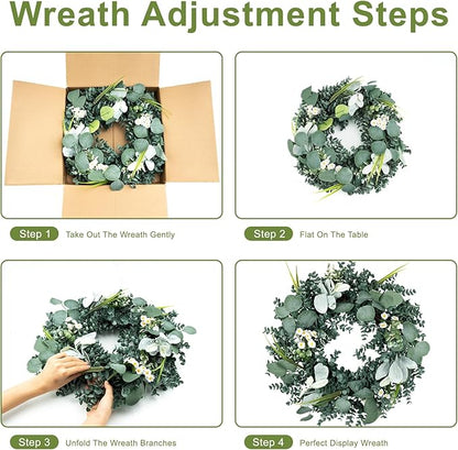 Wreath for Front Door, 18 Inch Spring Summer Eucalyptus Wreaths, Handmade Greenery Wreath All Season for Outside Window Wall Festival Farmhouse Indoor Outdoor Party Holiday Wedding Home Decor