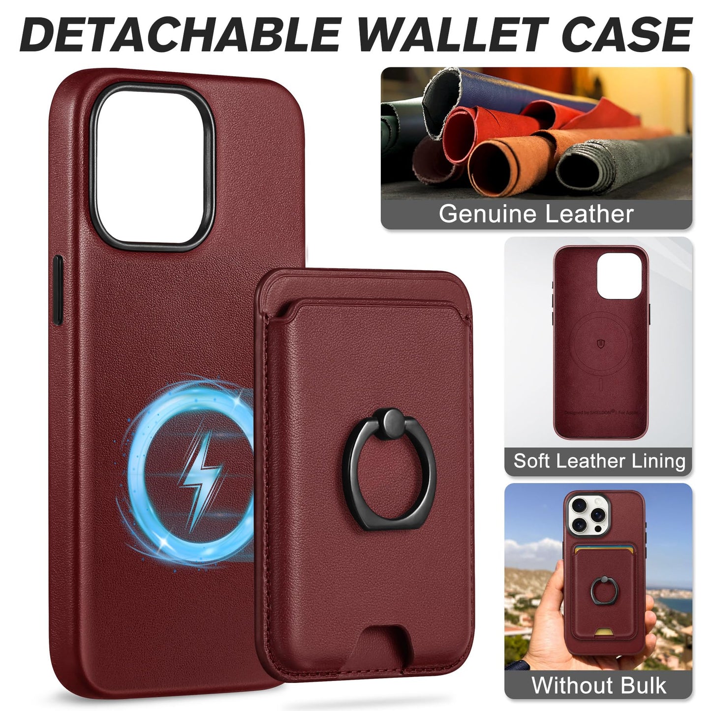 SHIELDON Genuine Leather Case for iPhone 15 Pro Max + Removable Magnetic Card Holder, Magnetic Wireless Charging Non-Slip Stand RFID Blocking Shockproof Compatible with iPhone 15 Pro Max - Wine Red