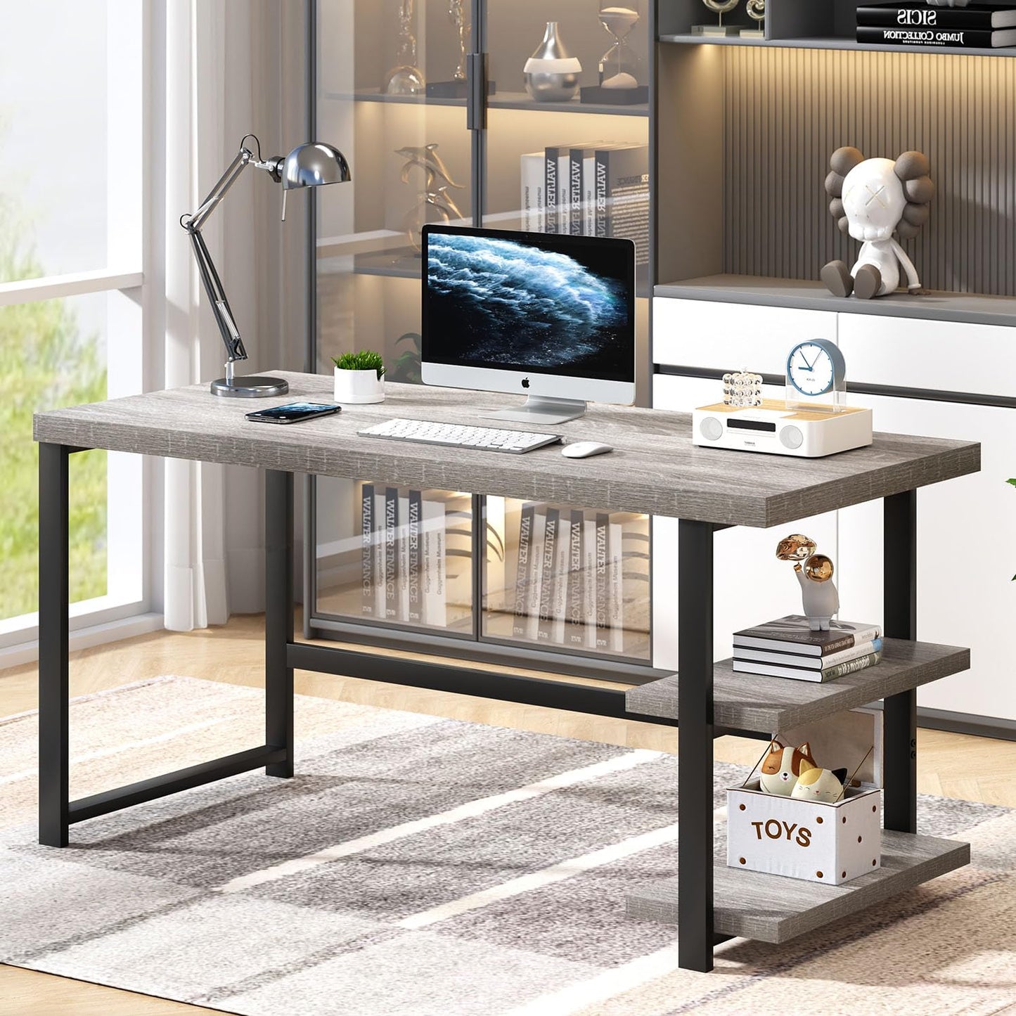 FOLUBAN 47 Inch Home Office Desk, Modern Computer Desk with Storage Shelves, Small Study Writing Gaming Table Workstation for Living Room Bedroom, Industrial Light Grey