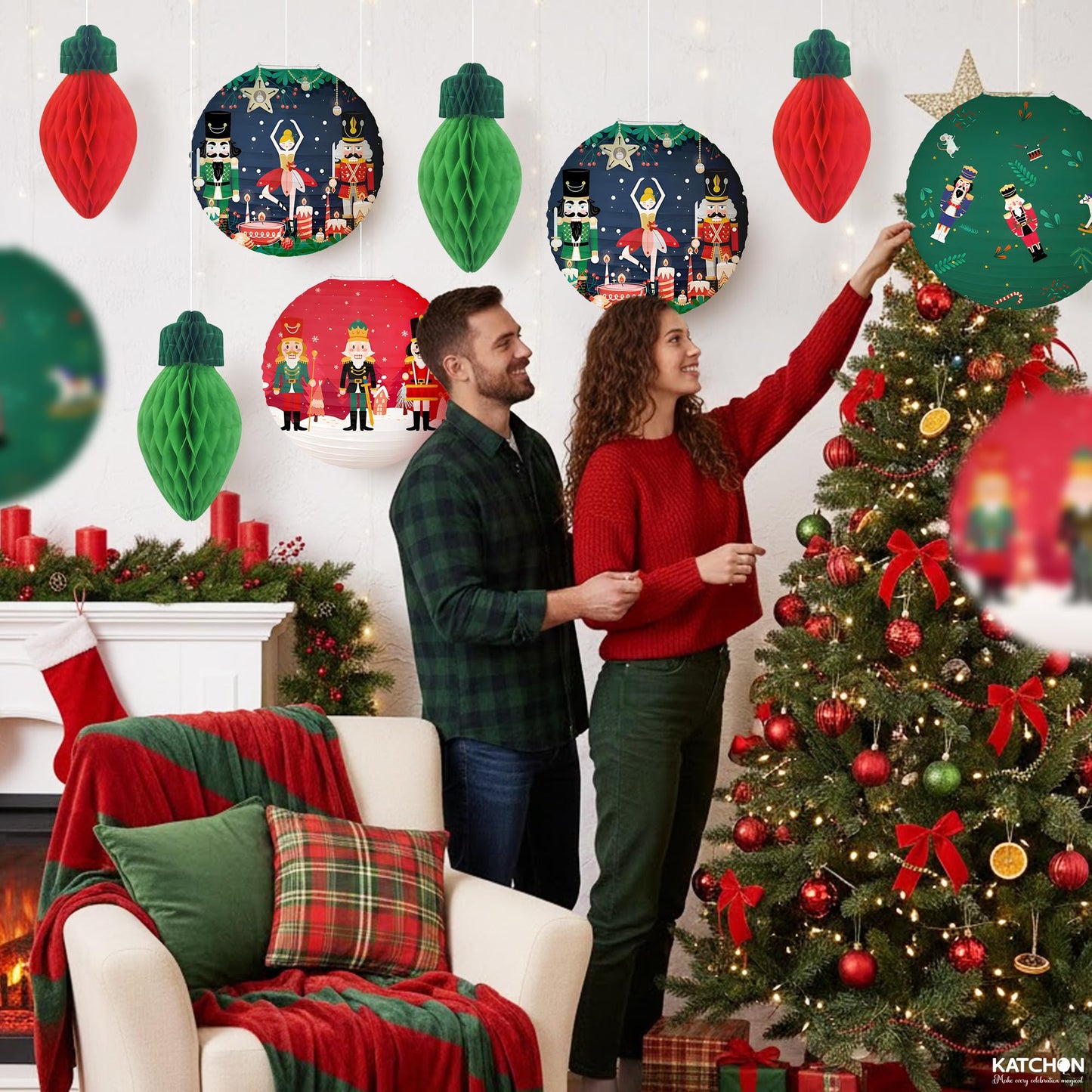 KatchOn, Hanging Christmas Decorations Indoor – 10 PCS | Festive Christmas Paper Lanterns & Honeycomb Ornaments | Nutcracker christmas Decor | Holiday Hanging Decor | Nut Cracker Ornaments