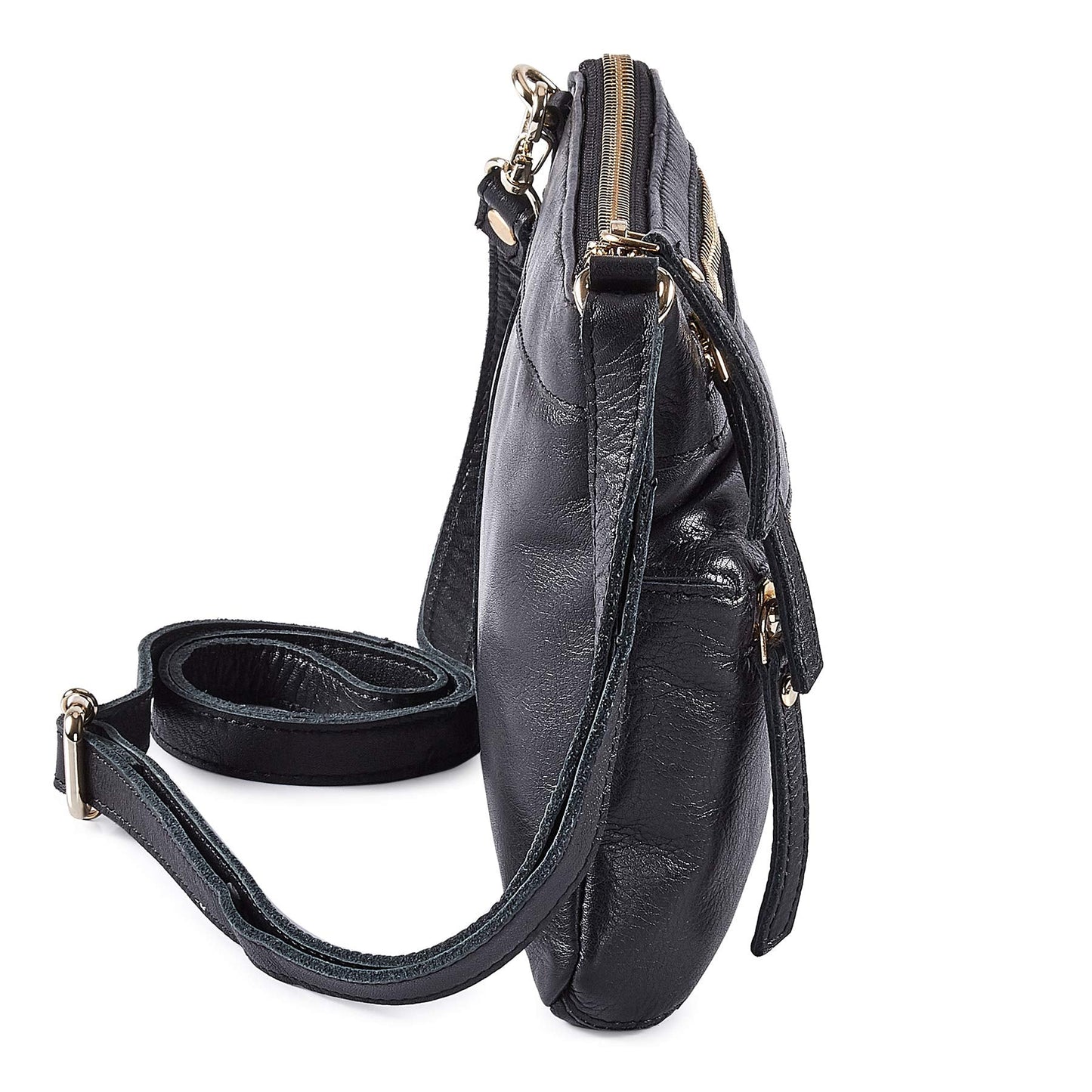 Small Crossbody Bags for Women Leather Sling Purse with Adjustable Strap Multi Pocket Cross Over for Travel & Gift (Black Nappa)