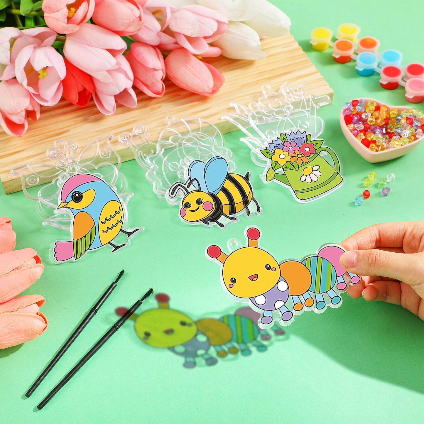 Beeveer 30 Sets Summer Suncatchers Craft DIY Summer Stained Glass Kit Paint Your Own Flower Butterfly Bee Window Art Ornaments for Easter Activities Party Favor