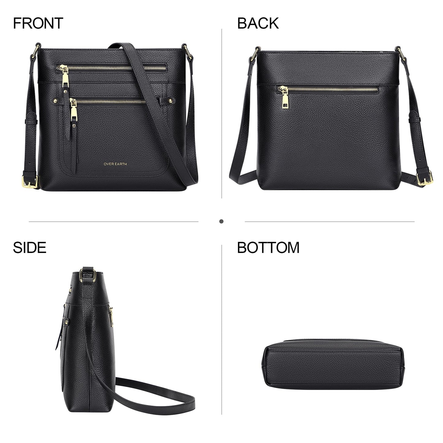 Over Earth Leather Crossbody Bags for Women Medium Shoulder Purse Multi Pocket Shoulder Handbag with Adjustable Strap(O199E Black RP)