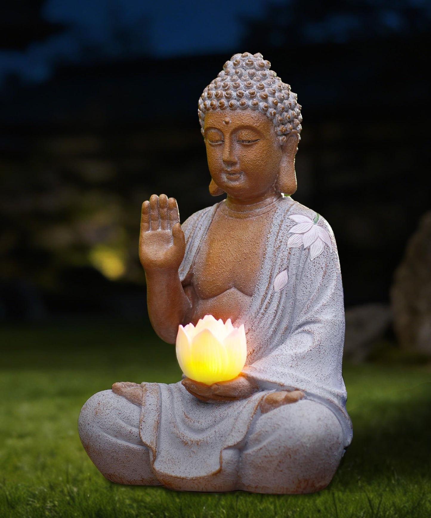 Nacome Solar Buddha Garden Statue Decor: Sitting Resin Figurine with Lotus Flower Light Zen Sculpture for Patio Lawn Yard Porch Balcony Meditation Space - 10.6 inches(White)