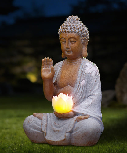 Nacome Solar Buddha Garden Statue Decor: Sitting Resin Figurine with Lotus Flower Light Zen Sculpture for Patio Lawn Yard Porch Balcony Meditation Space - 10.6 inches(White)