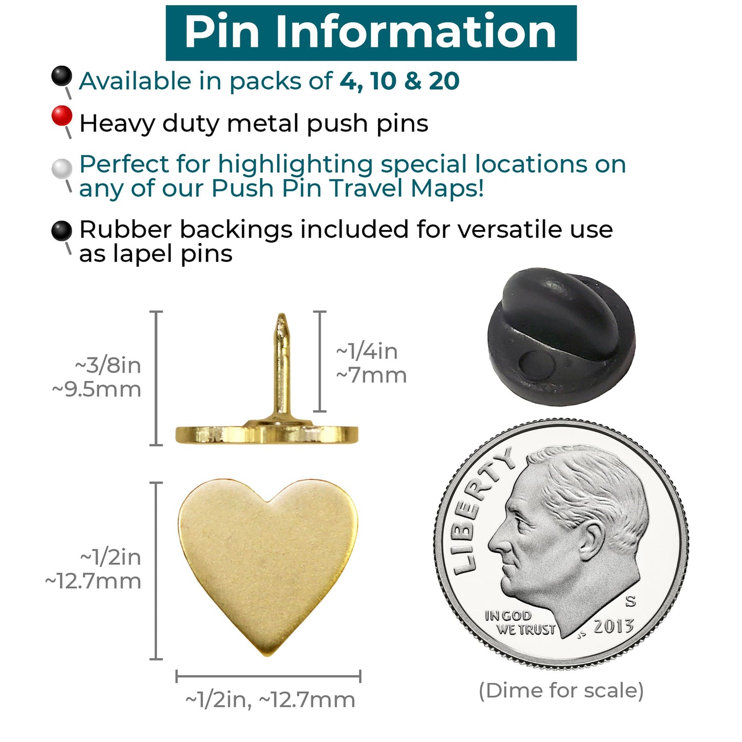 Big Gold Heart Push Pins - Large Gold Metal Heart Map Pins - for Cork Board, Maps, or Lapel Pin Use - Designed in USA - Set of 20