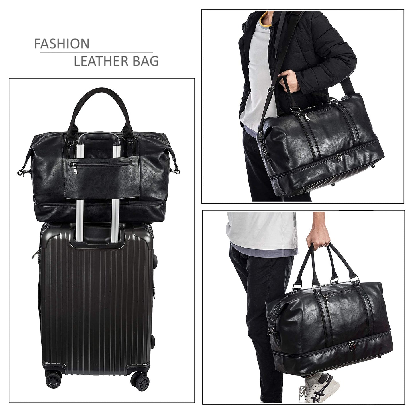 Leather Travel Bag with Shoe Pouch,Weekender Overnight Bag Waterproof PU Leather Large Carry On Bag Travel Tote Duffel Bag for Men or Women-Black