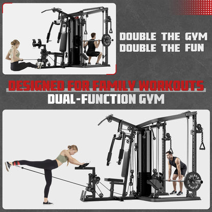 JELENS Home Gym System, 150LB Weight Stack Smith Machine with LAT Pull-Down & Leg Press, All-in-One Strength Training Equipment, Workout Station for Workout (Black, 230LBS Black Weights Package)