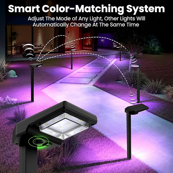 Solar Lights Outdoor, 2Pack Smart Pathway Lights with Color Changing &Sync, 9Modes (Warm/Cool White,RGB) for Driveway,Walkway,Garden,Yard,Fence,Patio,Lawn,Step Waterproof