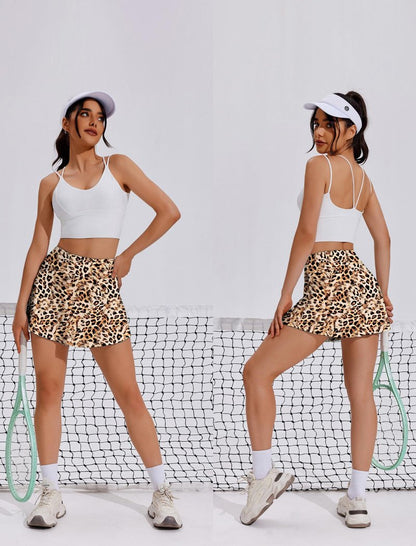 PINSPARK Womens Pleated Tennis Skirt with Pockets Lightweight Athletic Golf Skorts Skirts for Running Workout,Leopard Small