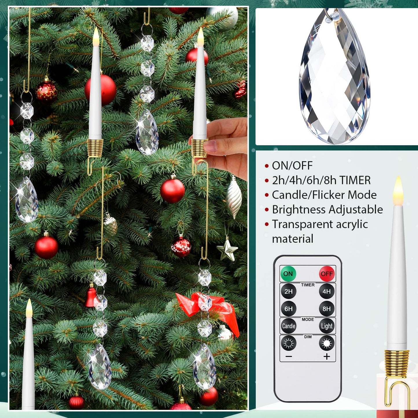 Thyle 12 Pack Christmas Tree Candles with Remote Timer Christmas Tree LED Candles with Crystal Xmas Crystal Drop Pendants Ornaments for Home Xmas Flickering Flameless Party Decor (Clear,Classic)