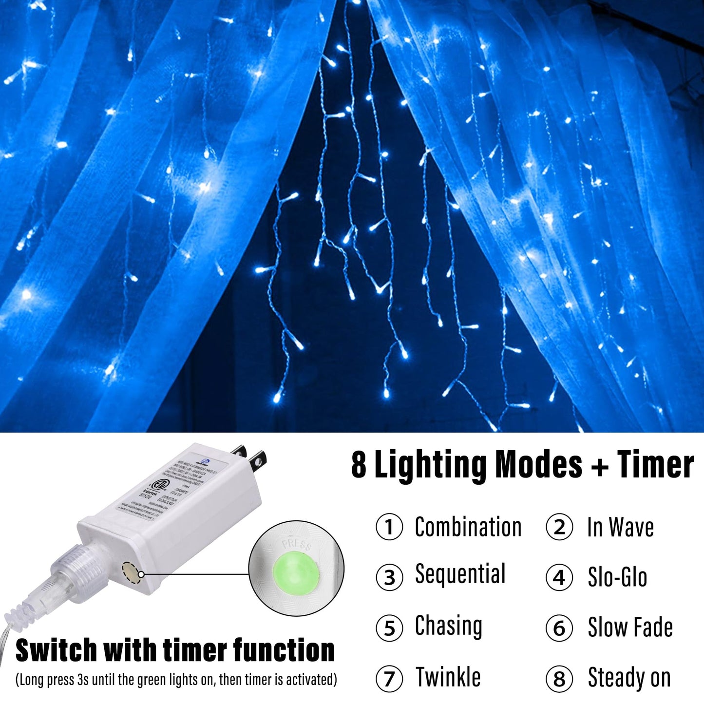 Joomer Christmas Icicle Lights - 33FT Plug in String Lights Waterproof, 8 Modes Timer Connectable Outdoor String Light for Christmas Party, Eaves, Roofs, Xmas Decorations (Blue)